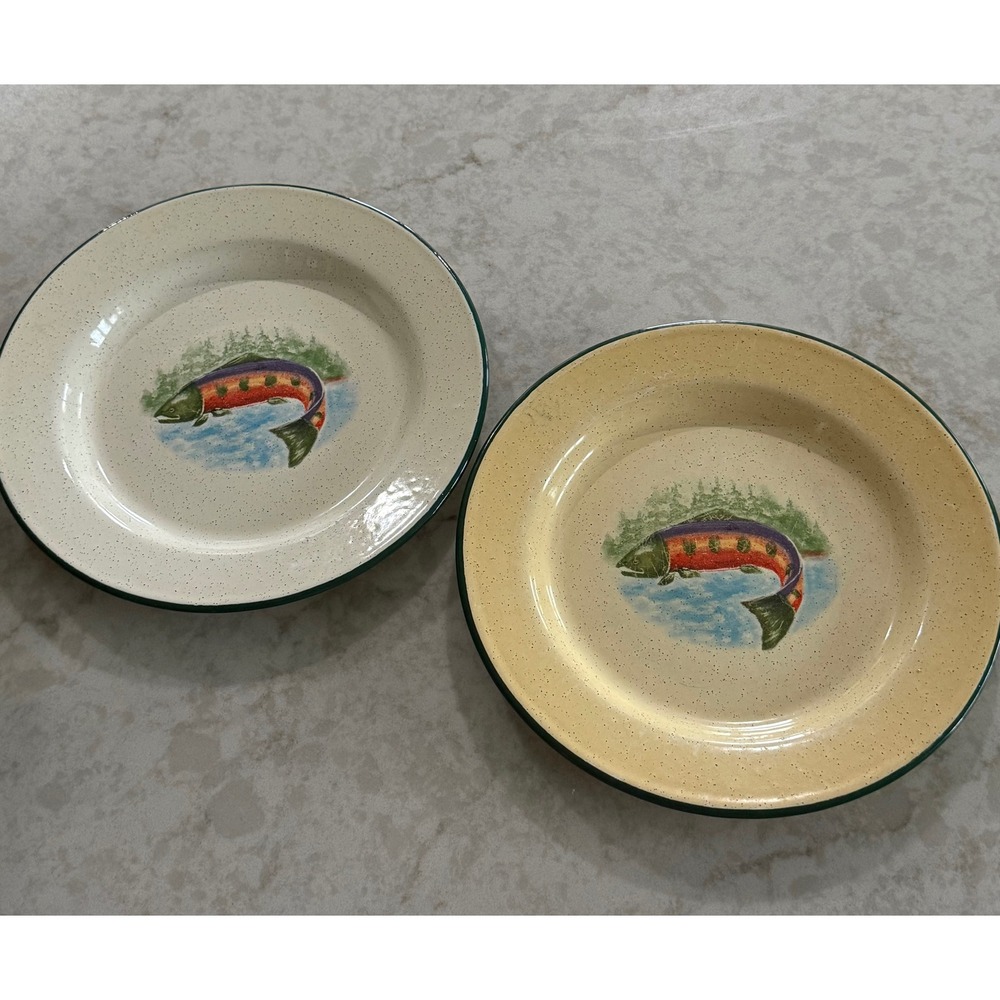 Vtg Enesco Julie Ueland Trout Dinner Plates Set of 2 Speckled Lodge Cabin 2003